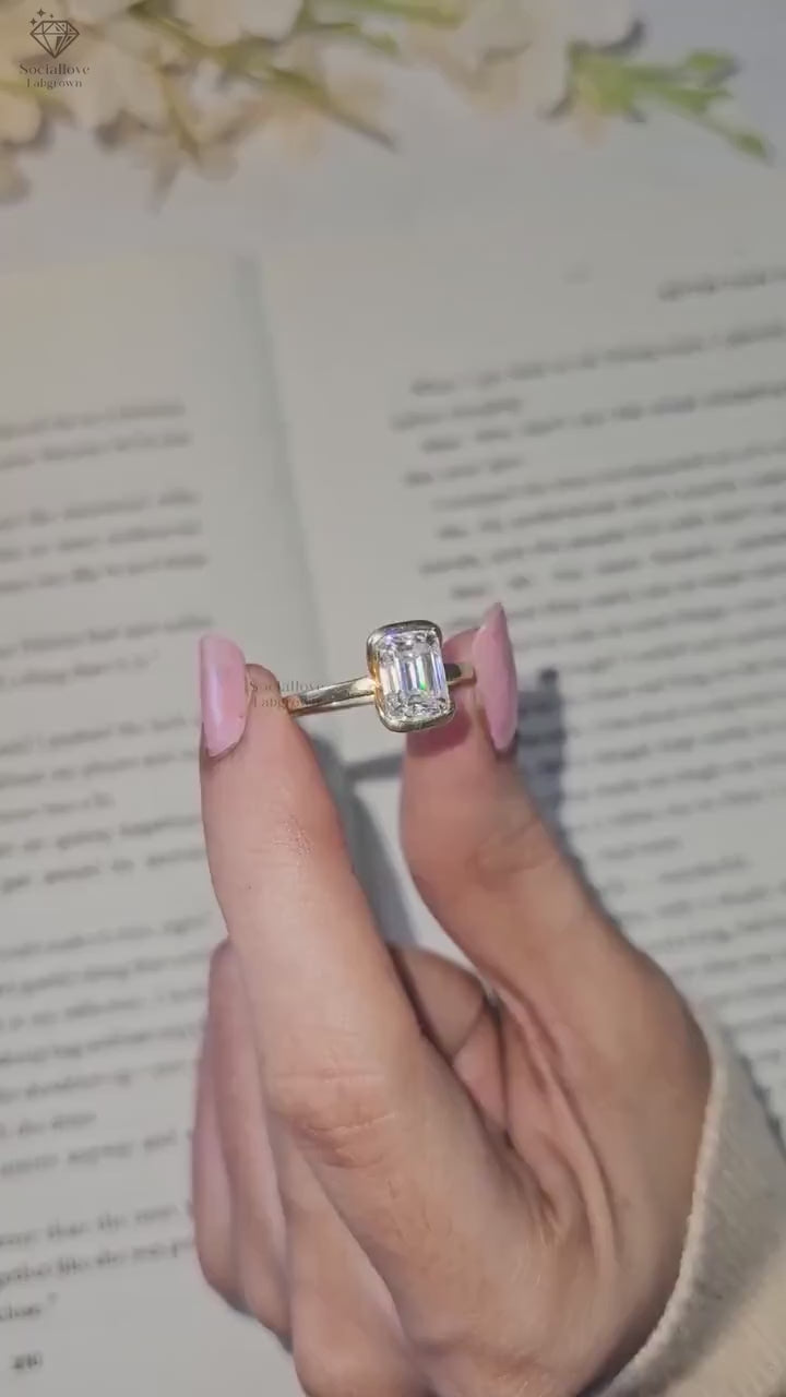 Half Bezel Emerald Cut Lab Diamond Engagement Ring IGI Certified 0.5 to 3 CT Solitaire 14K Gold Minimalist Wedding Ring Modern Handmade Ring for Her.