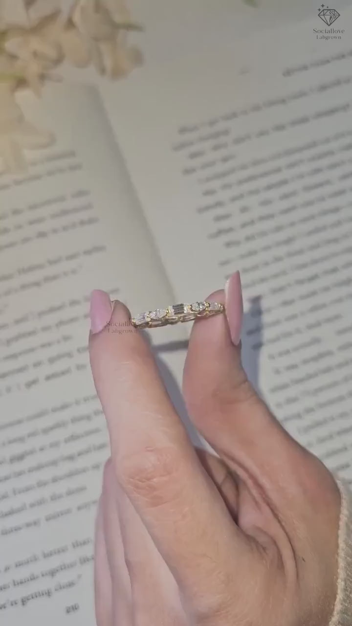 Alternating Marquise and Baguette Diamond Eternity Band | 2.5mm Lab Grown Diamond Stacking Ring | Minimalist Wedding Band 14K Gold Gift for Women.