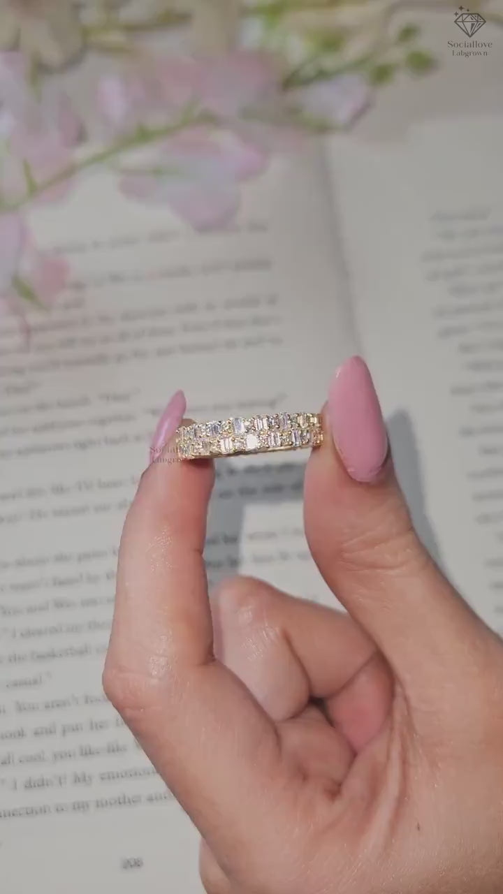 Double Row Baguette and Round Lab Grown Diamond Eternity Band | 14K Gold Bridal Wedding Ring | Full Eternity Stackable Gift for Her.