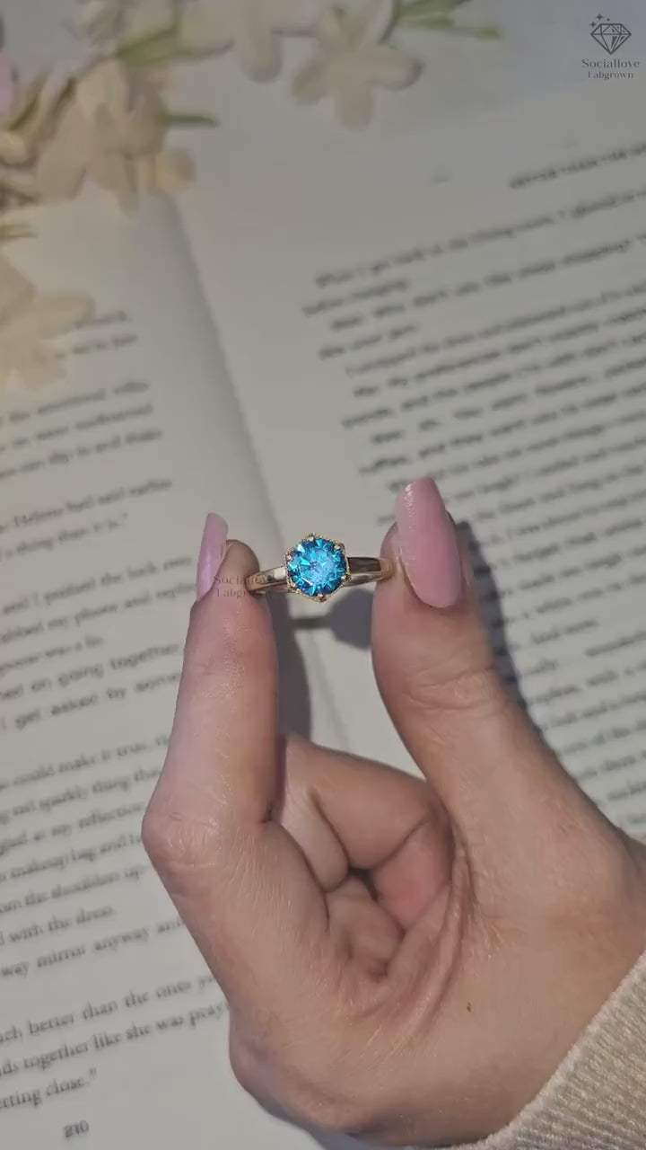 IGI Certified Vivid Blue Lab Grown Diamond Ring - Round Cut Vintage Milgrain Solitaire Engagement Ring in 14K Gold Gift for Women.