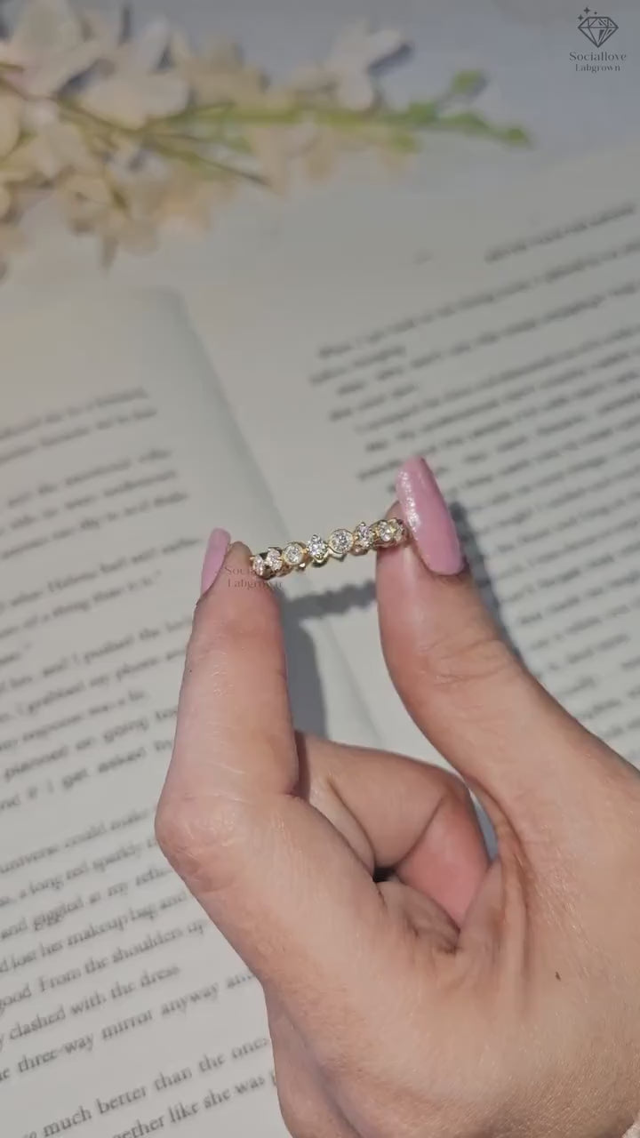 14K Gold Lab Grown Diamond Full Eternity Band Round Cut Bezel Set Wedding Ring Minimalist Stackable Bridal Band Anniversary Gift for her.