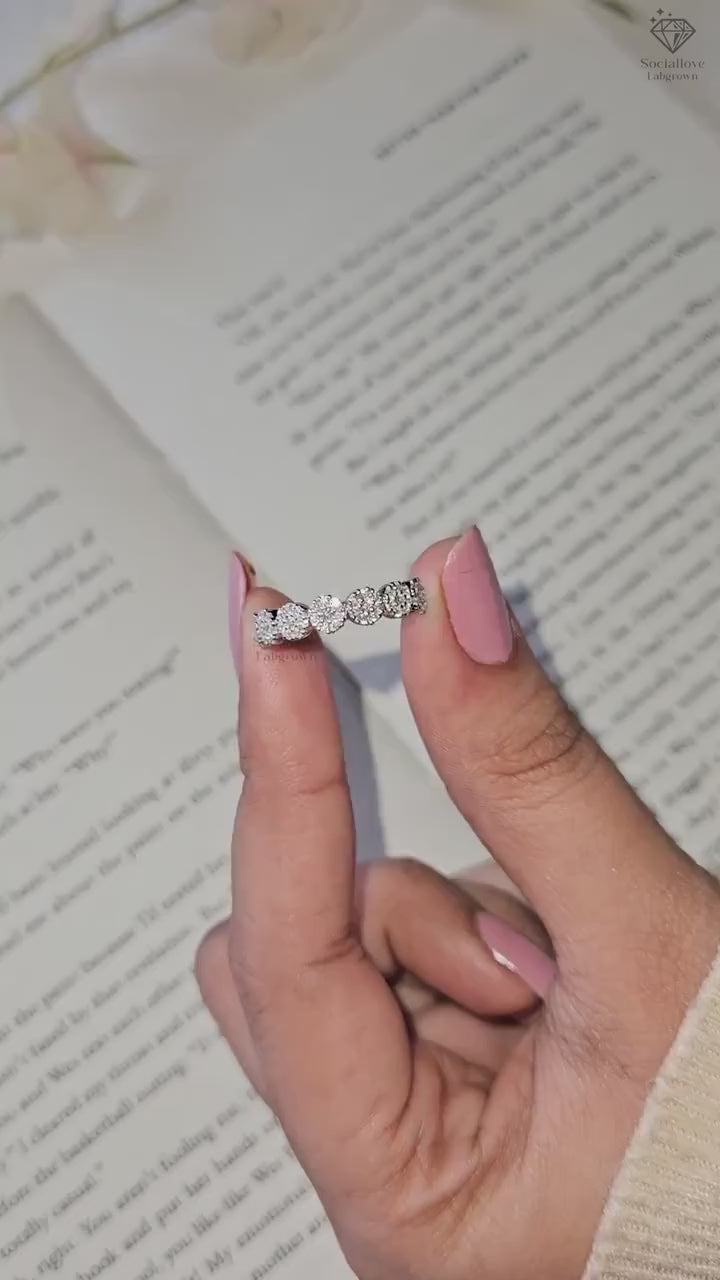 Nature Inspired Floral Diamond Band | Natural Diamond Halo Flower Cluster Half Eternity Wedding Ring Anniversary Gift for Women.